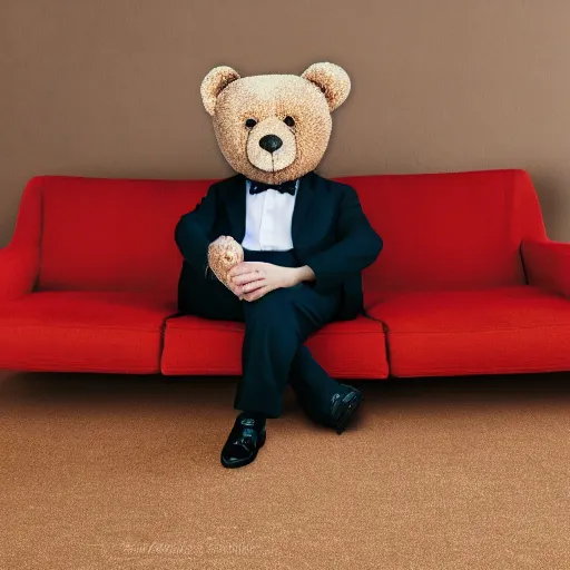 Image similar to an extremely strange looking teddy bear / mr. bean with very! very long!!!! legs on a formal couch, 4 k photo