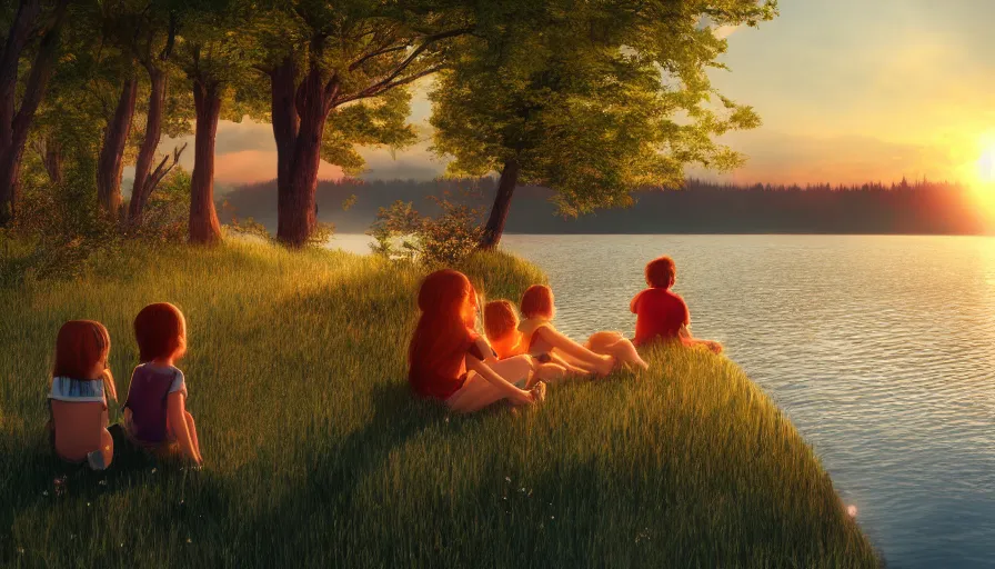 Prompt: kids sitting on the ground watching sunset on the lake, german forest, friends, hyperdetailed, artstation, cgsociety, 8 k