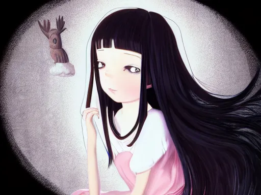 Prompt: animated little girl with an long black hair dressed in a simple white dress sitting in bed, anime art style, digital art ilya kuvshinov, inspired by balthus, hd, 4 k, hyper detailed, dark, anatomically correct, angelic face, perfect composition