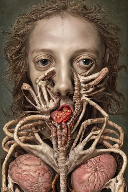 Image similar to Detailed maximalist portrait of a greek god with large lips and eyes, scared expression, botanical anatomy, skeletal with extra flesh, HD mixed media, 3D collage, highly detailed and intricate, surreal illustration in the style of Jenny Saville, dark art, baroque, centred in image