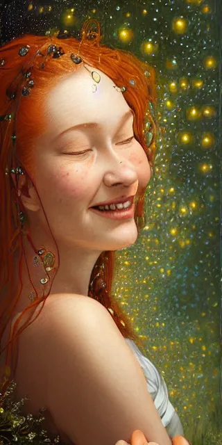 Image similar to adorable woman, serene smile surrounded by golden firefly lights, amidst nature fully covered by a intricate detailed dress, long red hair, precise linework, accurate green eyes, small nose with freckles, smooth oval shape face, empathic, expressive emotions, nocturnal spiritual scene, hyper realistic ultrafine art by artemisia gentileschi, jessica rossier, boris vallejo