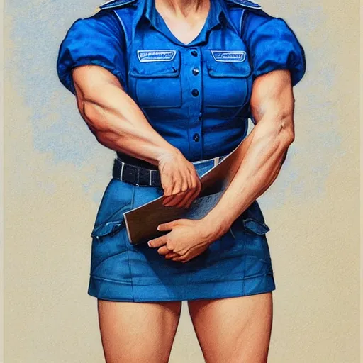 Image similar to epic portrait a slightly muscular woman wearing short sleeved uniform in blue and carrying a construction plan blueprint, detailed, centered, digital painting, artstation, concept art, donato giancola, Joseph Christian Leyendecker, WLOP, Boris Vallejo, Breathtaking, 8k resolution, extremely detailed, beautiful, establishing shot, artistic, hyperrealistic, beautiful face, octane render