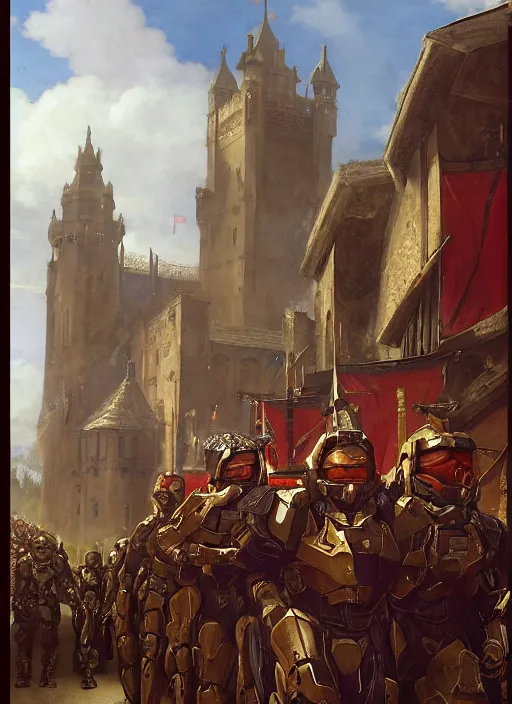 Image similar to halo master chief in a medieval royal procession by wlop and kev walker and edmund blair leighton and daniel f. gerhartz