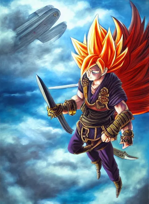 Image similar to epic fantasy portrait painting of a long haired, red headed male sky - pirate in front of an airship in the style of the dragonball