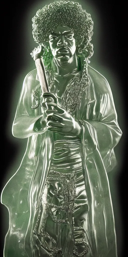 Image similar to detailed photo of a jade translucent statue of jimi hendrix, full body portrait, glowing in the dark, photorealism, intricate detail, museum diffuse lighting