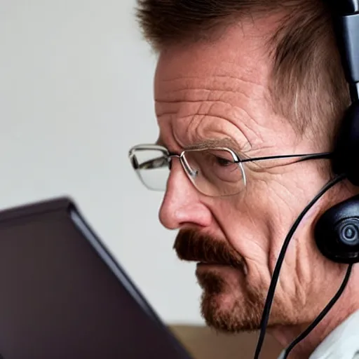 Image similar to close up, cropped award winning photo of walter white wearing pink headphones and sitting at his desk gaming, incredibly detailed, sharp focus, hyper realistic