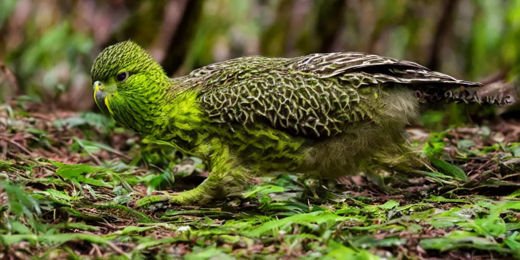 Prompt: a kakapo walking through the forest floor