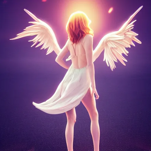 Image similar to full body potrait of emma stone as an angel dancing, hyper realistic, prismatic highlights, atmosphere, gorgeous, depth of field, cinematic, macro, concept art, 5 0 mm, artstation, wlop, elegant, epic, weta digital, focus, octane render, v - ray, 8 k, kodak portra, art by liberatore