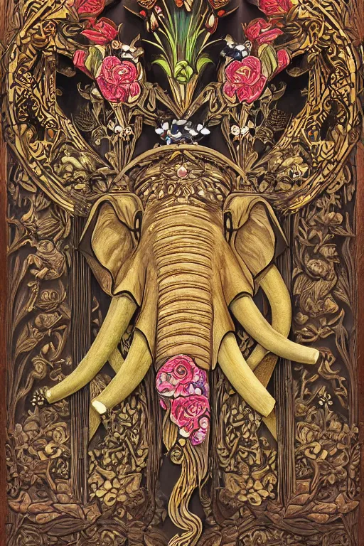 Prompt: Painted dark-wood panel relief carving of a close up of a Flowerpunk Matriarch Elephant, ornate border frame, explosion of colorful flowers, dark wood, intricately carved, black ink, festival of rich colors, intricate details, cinematic lighting, volumetric lighting, post-processing, art nouveau, by andreas rocha and john howe, and Martin Johnson Heade, featured on artstation, featured on behance, golden ratio, hyper detailed, photorealistic, epic composition, center spotlight, f32, well composed, UE5, 8k