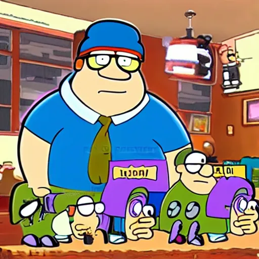 Prompt: Peter Griffin meets the famous Twitch stream Vinesauce Vinny and Vinesauce Joel, Real Event, Historical Event, Realistic, HDR, Clear Image,