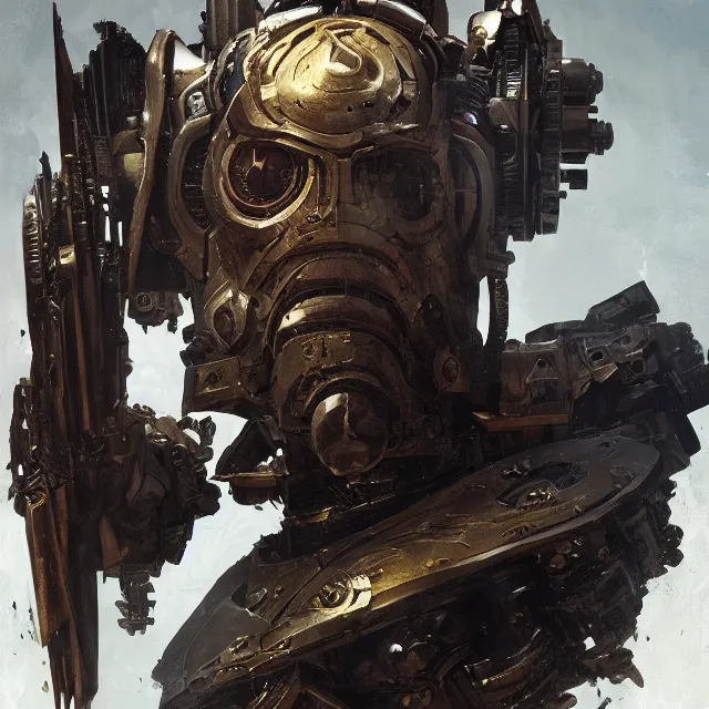 Image similar to hyper realistic portrait of warhammer android machine symmetric cinematic, chaos marine, artstation, cgsociety, full head, greg rutkowski, james gurney, mignola, craig mullins, brom