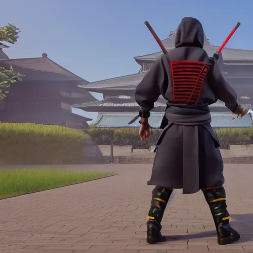 Image similar to Ninja samurai android open world video game, unreal engine 5 cinema4D octane render Detailed, cinematographic