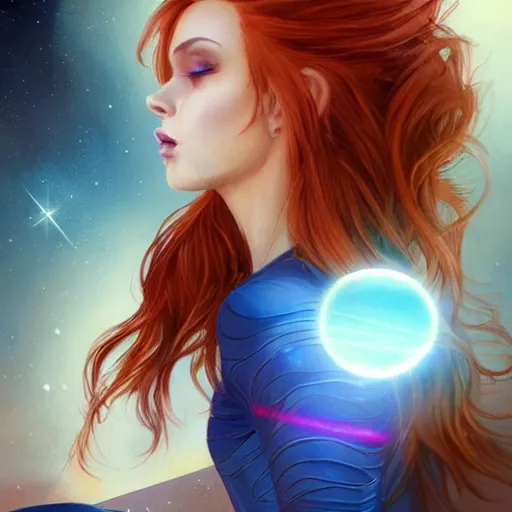 Prompt: a full body portrait of a beautiful tattooed redhead woman sitting, carrying a laser gun, a planet in the background. blue tight dress, light iridescent hair color, long windy hair style, fantasy, realistic, intricate, sharp focus, lens flare, bloom, rim light, illustration, highly detailed, digital painting, concept art, matte, art by ruan jia