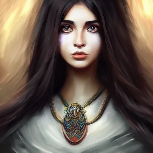 Image similar to portait ibtissam ittouchane, centred, very long hair, hd, unreal engine, art painting, final fantasy style, amazing background theme