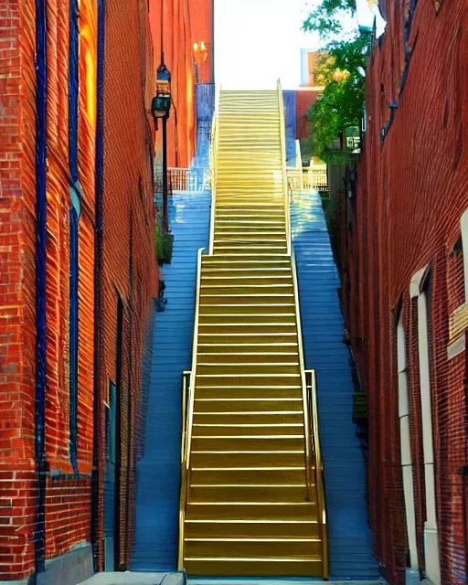 Prompt: golden staircase ascending towards the green staircase ascending towards the blue staircase ascending towards the red brick staircase ascending towards the moon