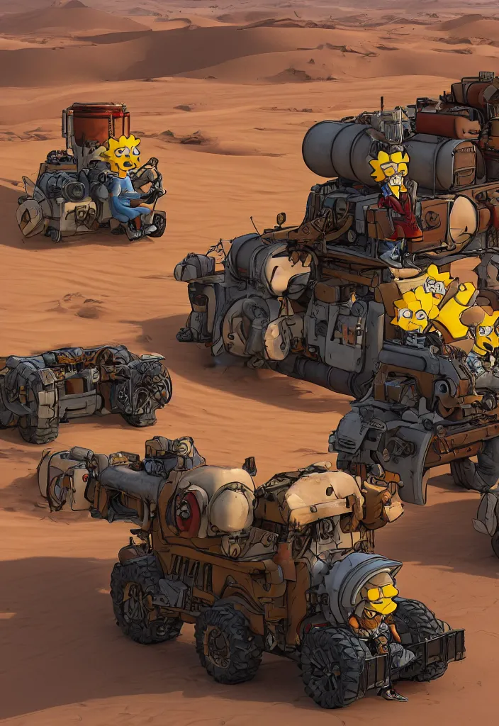 Image similar to Lisa Simpson riding Fury Road War Rig vehicle through the desert, borderlands 4k render