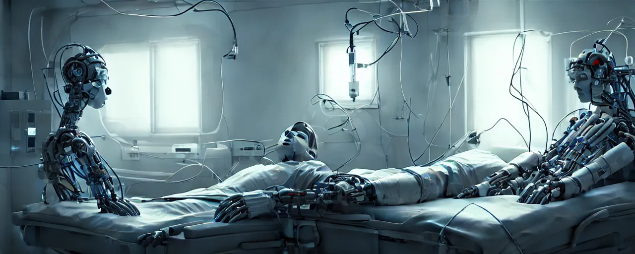 Image similar to an intricate concept art of a man in the hospital waking up in the future, experimental human robot, electronic wires connected to his body concept art, matte painting, style by dylan cole and tyler edlin art, hyper realistic, sci - fi, environment design, low - angle, unreal engine, epic lighting,