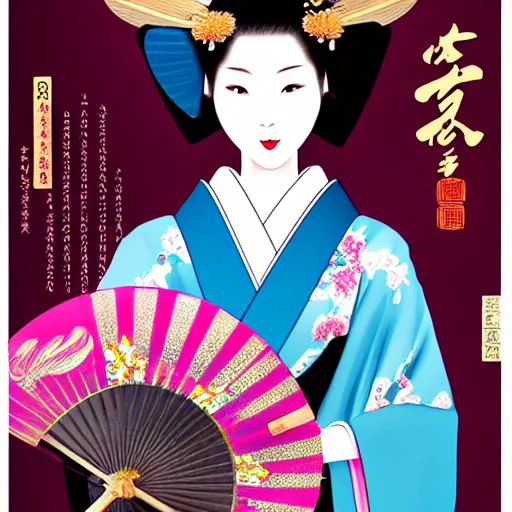 Image similar to character, light colors sophisticated geisha in a beautiful rich colored silk kimono, holding ornate hand fan with Chinese letters, matte paper curling japanese poster delicate delicious light octane rendering hyperrealism