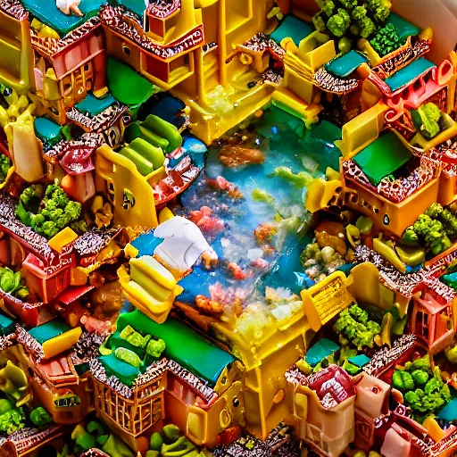 Image similar to macro photo of a miniature secret hidden world with tiny buildings and people inside of a 1970s jellied salad