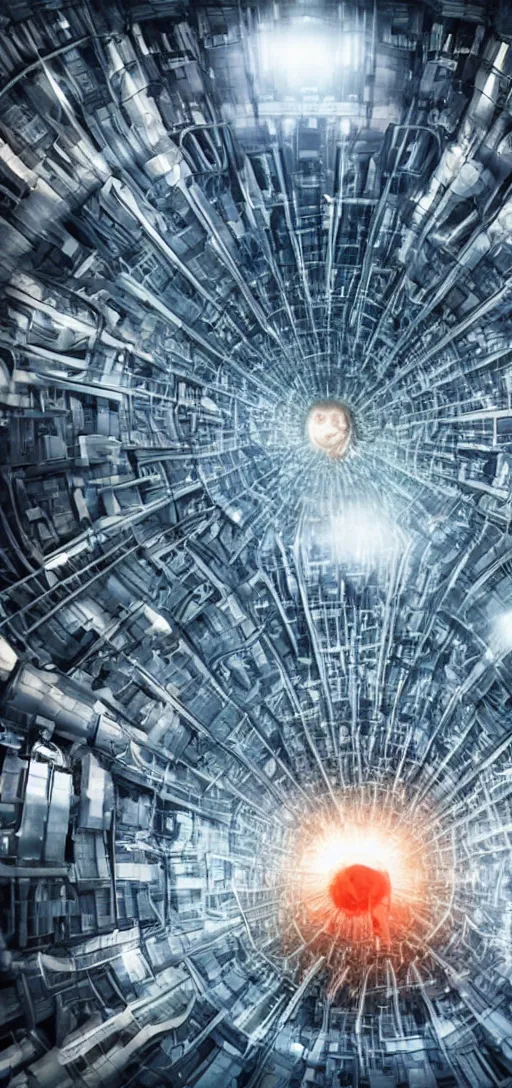 Image similar to wide shot of a man getting trapped inside cern large hadron collider, his body getting pulled apart by particle collision, rendered in octane