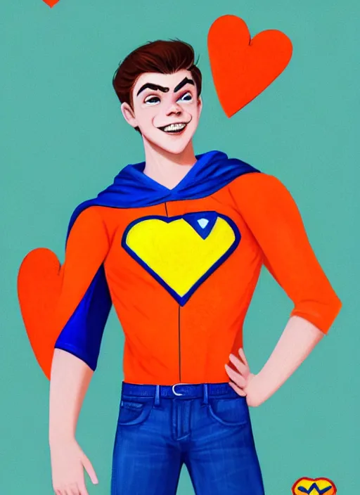 Image similar to friendly teenage archie andrews wearing an orange superhero costume with heart logo, heart, freckles, blue cape, heart emblem on chest, blue cape, intricate, elegant, glowing lights, highly detailed, digital painting, artstation, sharp focus, illustration, art by wlop, mars ravelo and greg rutkowski