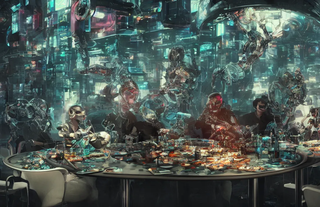 Prompt: mirta legrand's heads floating in a fishbowl with cybernetic tubes in a robot body sitting at the table having lunch with cyborgs in the apocalypse. cyberpunk movie, octane render