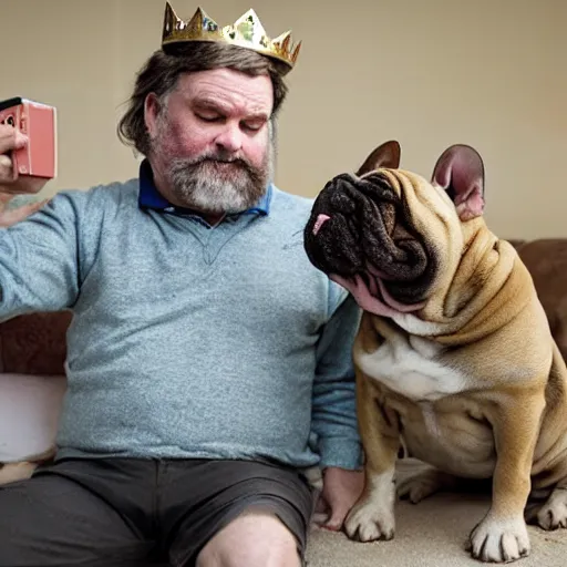 Prompt: Buddy the graying middle aged homeless man playing xbox and petting an english bulldog wearing a crown, dog wearing a plastic crown, photo by Wes Anderson