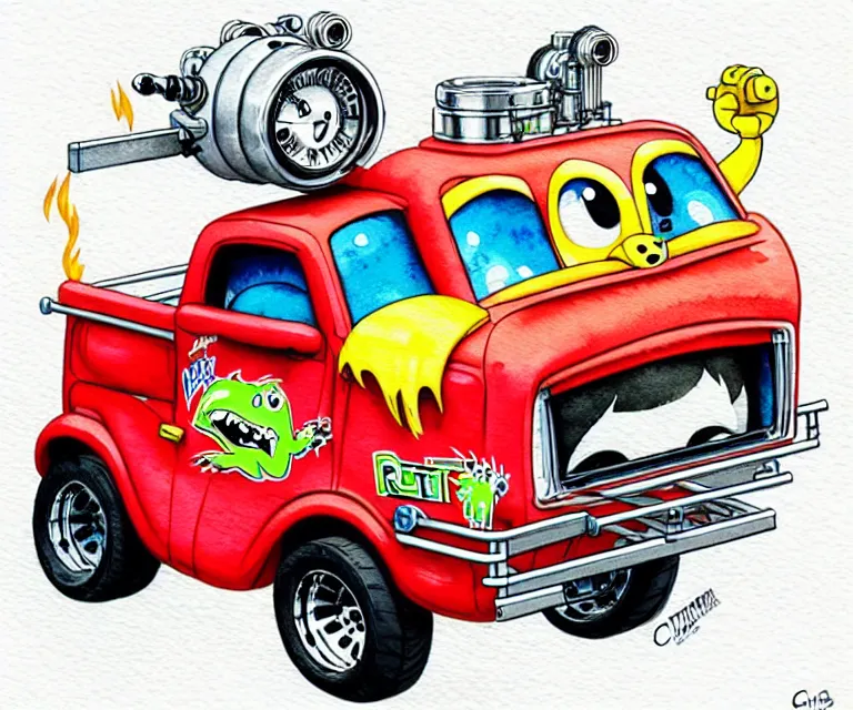 Image similar to cute and funny, beaver driving a tiny hot rod fire truck with an oversized engine, ratfink style by ed roth, centered award winning watercolor pen illustration, isometric illustration by chihiro iwasaki, edited by craola, tiny details by artgerm and watercolor girl, symmetrically isometrically centered