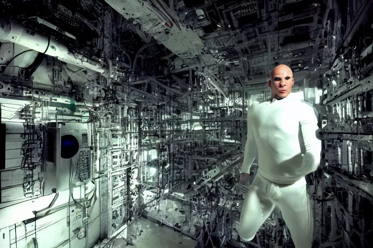 Image similar to cyborg - pitbull mr. worldwide in a marble server room, in 2 0 5 5, y 2 k cybercore, industrial low - light photography, still from a ridley scott movie