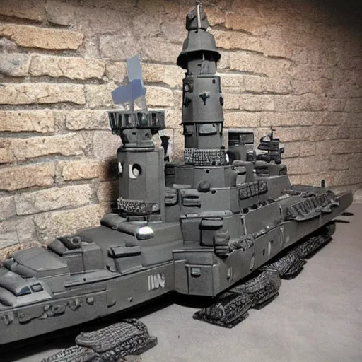 Prompt: photo of a metal castle with phalanx ciws on the walls