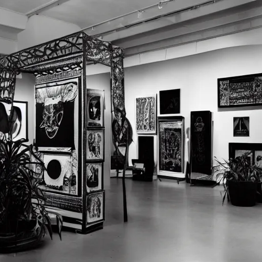 Prompt: A black and white photographie of an exhibition space with works of Sun Ra, Marcel Duchamp and tropical plants