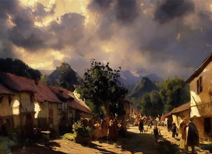 Image similar to oil painting of medieval village in dawn by anders zorn, wonderful art by greg rutkowski, incredible lighting, shadows, beautiful cinematic light, american romanticism by greg manchess, tall rocky mountains and storm clouds, sun rays, sunshine, bright sunny summer day