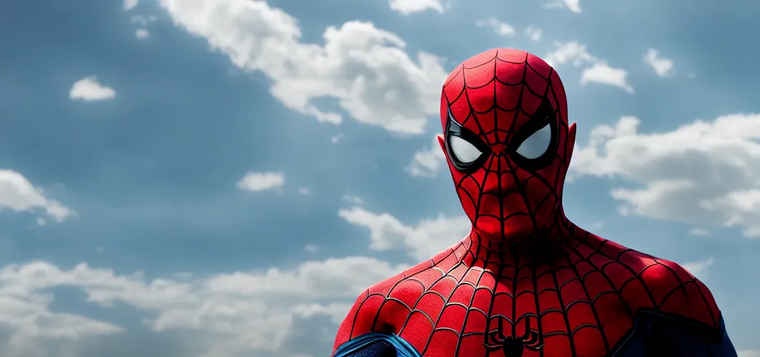 Image similar to Walter White as Spider-Man, film still, wide-shot, full shot, cinematic lens, heroic portrait