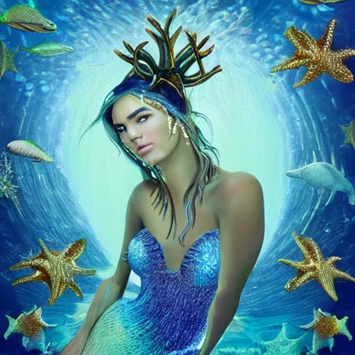 Image similar to kendall jenner portrait, fantasy, mermaid, hyperrealistic, game character, underwater, highly detailed, sharp focus, cinematic lighting, pearls, glowing hair, shells, gills, crown, water, highlights, starfish, jewelry, realistic, digital art, pastel, magic, fiction, ocean, king, colorful hair, sparkly eyes, fish, heroic, goddess, waves, bubbles, queen