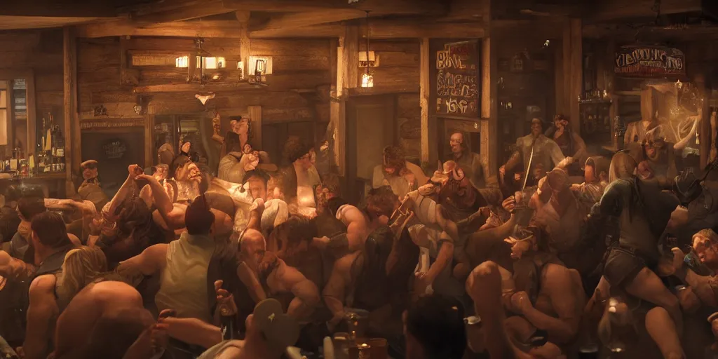 Prompt: a bar fight inside a pub between hobbits and dwarves and elves, 4k, hyperrealism, photorealistic, crisp details, sharp focus, wide angle lens, octane render, caustics