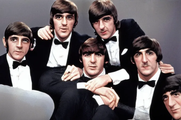 Image similar to james bond and the beatles, color photograph, 1 9 6 0 s