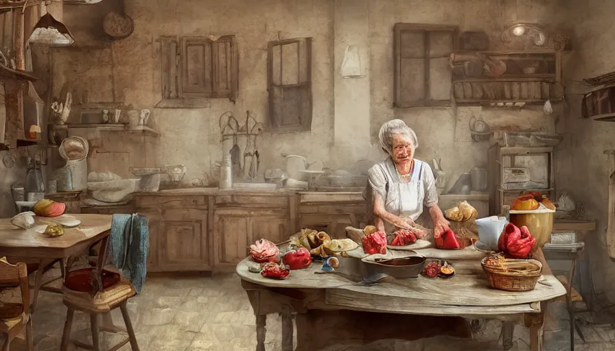 Image similar to old polish lady cooking in an old kitchen, old 1 8 0 0's house, pan and plates, fruits and legumes, old wooden tables and chairs, hyperdetailed, artstation, cgsociety, 8 k