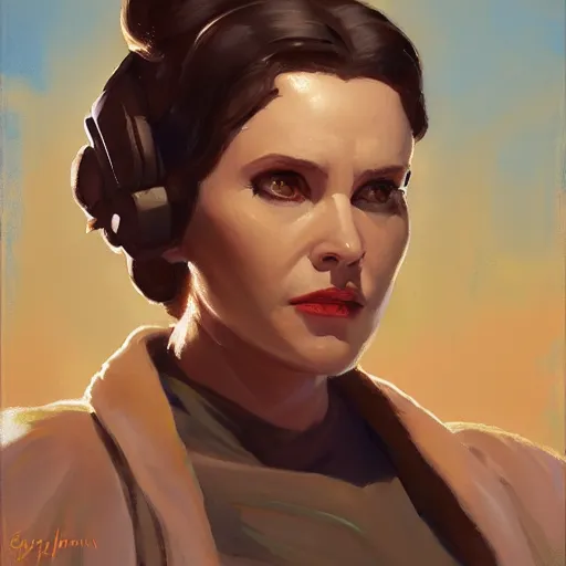 Prompt: greg manchess portrait painting of leia organa as overwatch character, medium shot, asymmetrical, profile picture, organic painting, sunny day, matte painting, bold shapes, hard edges, street art, trending on artstation, by huang guangjian and gil elvgren and sachin teng