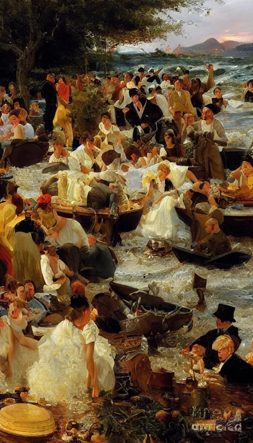 Prompt: still life painting of midsummer party getting flooded by tsunami, by Peder Krøyer, golden hour, dramatic lighting, epic, gargantuan, intricate detail, canvas print