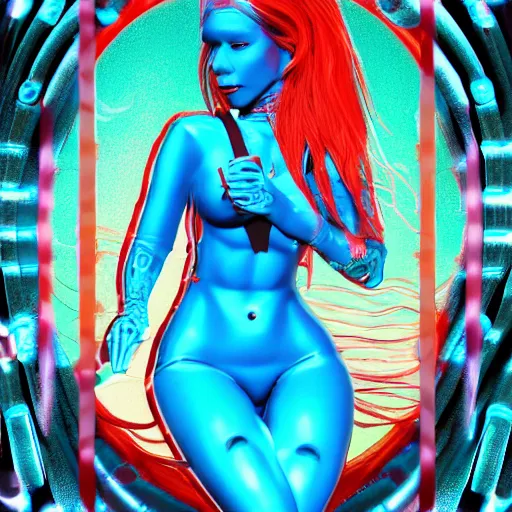 Prompt: digital art highly detailed cyber punk mermaid with blue skin, her tail is wrapped around a red coral