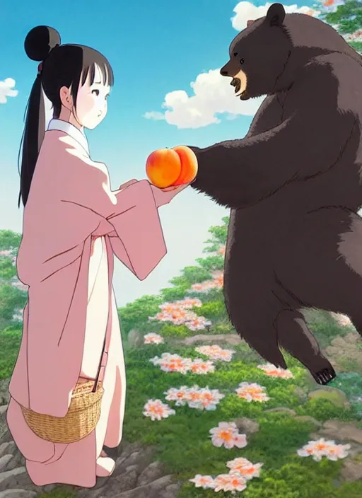 Image similar to a girl wearing a kimono gives a peach to a large anthropomorphic asian black bear, featured in artstation and artgerm and fantia and pixiv, award winning, cinematic, elegant, intricate, 8 k, in the style of hayao miyazaki and masashi ando and timothy kong and laia lopez and viorie,