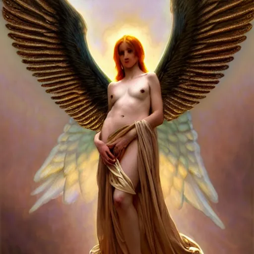 Image similar to Winged girl angel, face, fantasy, intricate, elegant, dramatic lighting, highly detailed, lifelike, photorealistic, digital painting, artstation, concept art, smooth, sharp focus, illustration, art by John Collier and Krenz Cushart and Artem Demura and Alphonse Mucha and Jean-Leon Gerome and and Albert Aublet