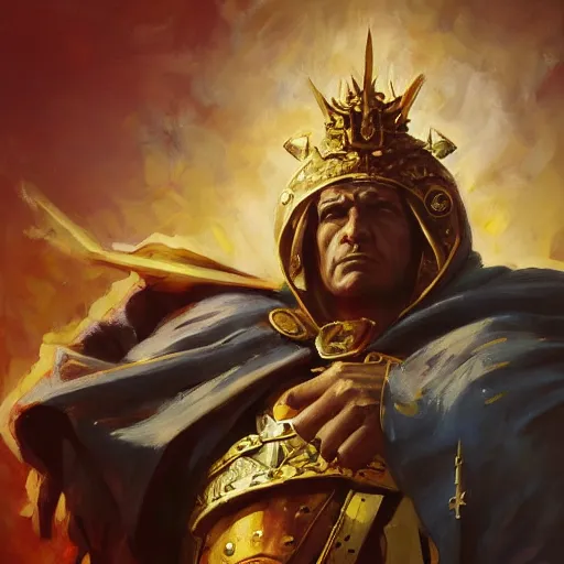 Image similar to greg manchess portrait of the blessed and epic emperor of mankind in a shine of eternal glory warhammer 4 0 k, fantasy, medium shot, asymmetrical, profile picture, organic painting, sunny day, matte painting, bold shapes, hard edges, street art, trending on artstation, by huang guangjian and gil elvgren and sachin teng