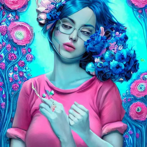 Image similar to an intelligent young women with blue hair lookingat the camera, she has a beautiful unconventional face, she is surrounded by an explosion of flowers in neon pink and blue intricate, elegant, highly detailed, digital painting, artstation, concept art, pop, smooth, sharp focus, illustration, art by mark ryden and gaston bussiere 3 d 8 k ultra detailed