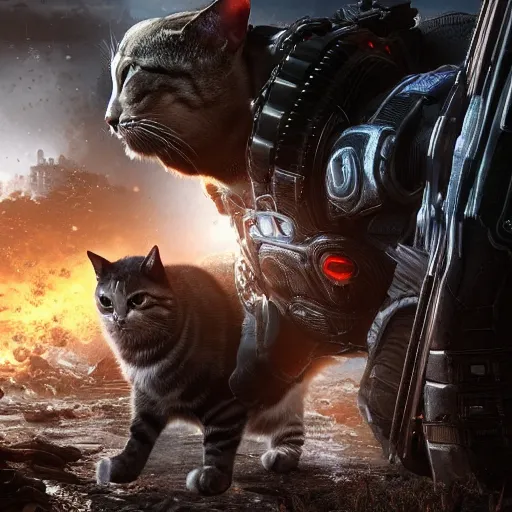 Image similar to polite cat in gears of war, splash art, movie still, detailed face, photorealistic facial features, cinematic lighting, dramatic, octane render, long lens, shallow depth of field, bokeh, anamorphic lens flare, 8 k, hyper detailed, 3 5 mm film grain