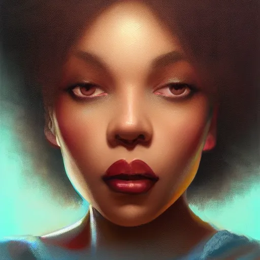 Prompt: beautiful oil painting of a fat light skinned woman with an afro, beautiful eyes, artstation, volumetric lights, highly detailed, concept art, sharp focus, beautiful face