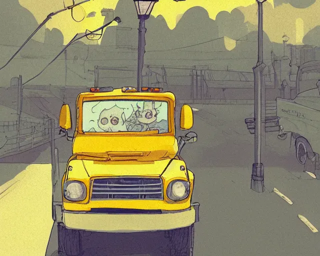 Image similar to a study of cell shaded cartoon of a yellow truck on a country road, street lamps, road, illustration, wide shot, subtle colors, post grunge, concept art by josan gonzales and wlop, by james jean, Victo ngai, David Rubín, Mike Mignola, Laurie Greasley, highly detailed, sharp focus, alien, Trending on Artstation, HQ, deviantart, art by artgem