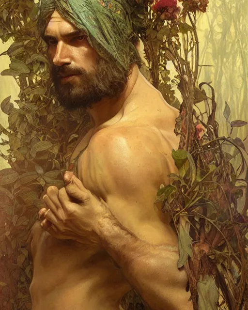 Image similar to god of the forest, 3 0 years old, rugged, male, gorgeous, detailed face, amazing, flowers, muscular, intricate, highly detailed, digital painting, artstation, concept art, sharp focus, illustration, art by gaston bussiere greg rutkowski alphonse mucha