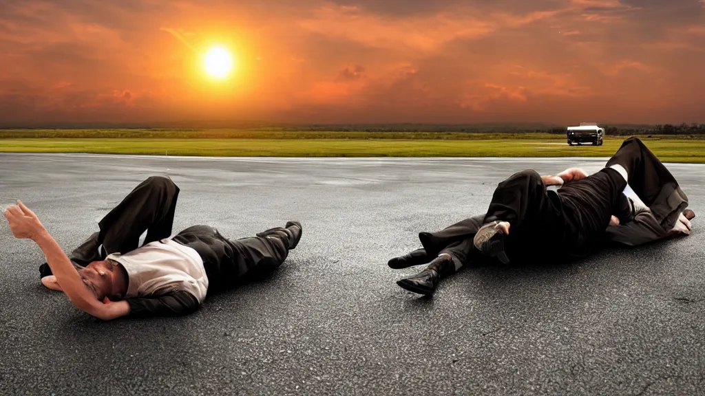 Image similar to movie still of a man laying on top of a car driving on the runway of an airport, sunset, golden hour