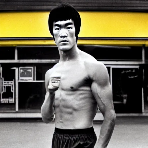 Prompt: 8 k portrait photograph of bruce lee standing in front of a wafflehouse